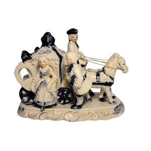 Vintage Blue White Porcelain Colonial Couple & Horse Carriage Figurine
